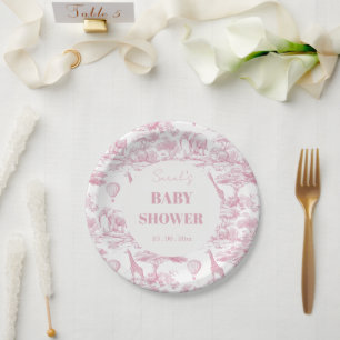 Pink Chinoiserie Toile de Jouy Baby Shower Paper Plate