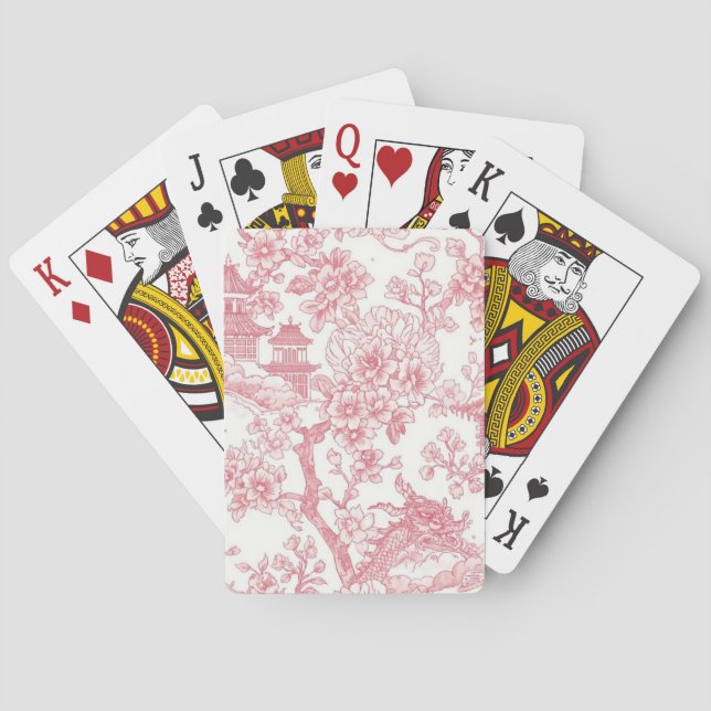 Pink Chinoiserie Toile Dragon Cherry Blossom Playing Cards (Back)