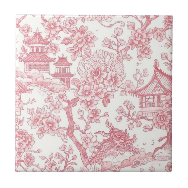 Pink Chinoiserie Toile Dragon Cherry Blossom Tile (Front)