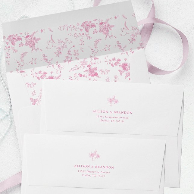 Pink chinoiserie Toile French Blue Floral Address Envelope (Creator Uploaded)