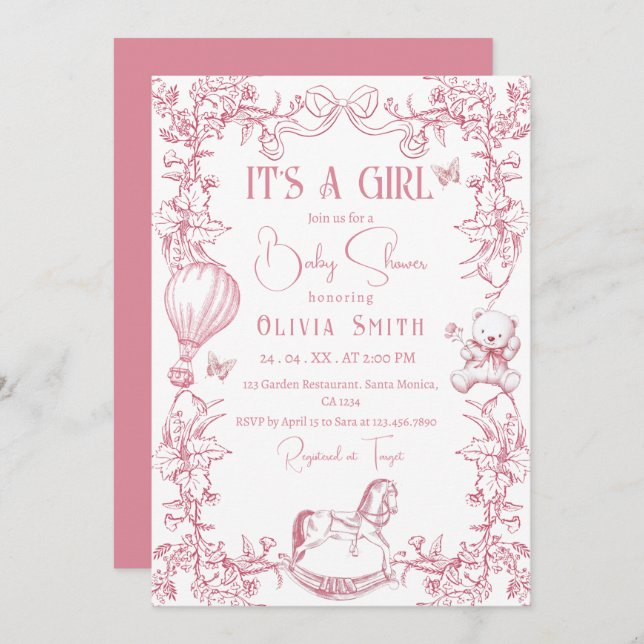 Pink Chinoiserie Toile Vintage Baby Shower Invitation (Front/Back)
