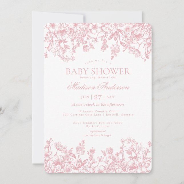 Pink Chinoiserie Vintage Floral Baby Shower Invitation (Front)