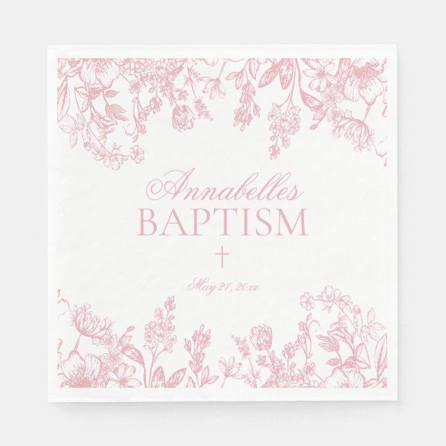 Pink Chinoiserie Vintage Floral Baptism Table Deco Napkin (Front)