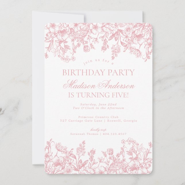 Pink Chinoiserie Vintage Floral Birthday Party Invitation (Front)