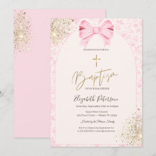 Pink Chinoiserie Vintage Floral Bow Gold Cross Invitation