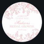 Pink Chinoiserie Vintage Floral Bridal Shower Classic Round Sticker<br><div class="desc">Love is in bloom! This pink Chinoiserie Party Decor Collection, features delicate toile floral patterns for timeless elegance. Each piece in this collection showcases intricate designs in shades of pink, evoking a sense of sophistication and elegance. ★ Let me help you plan your next party! ★ If you need coordinating...</div>