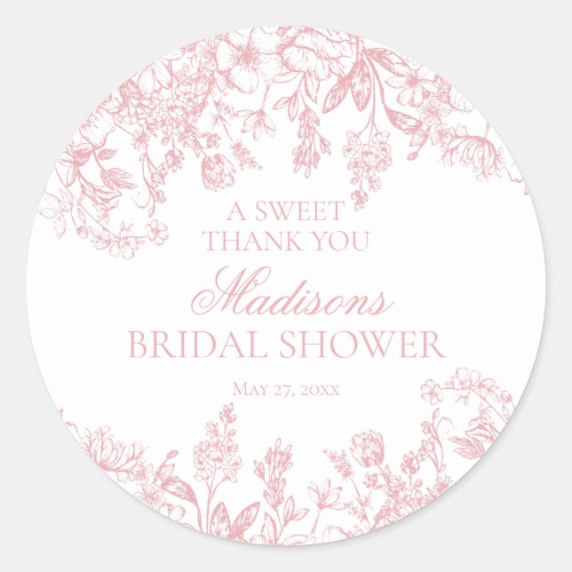Pink Chinoiserie Vintage Floral Bridal Shower Classic Round Sticker (Front)