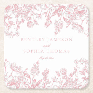 Pink Chinoiserie Vintage Floral Wedding Favours Square Paper Coaster