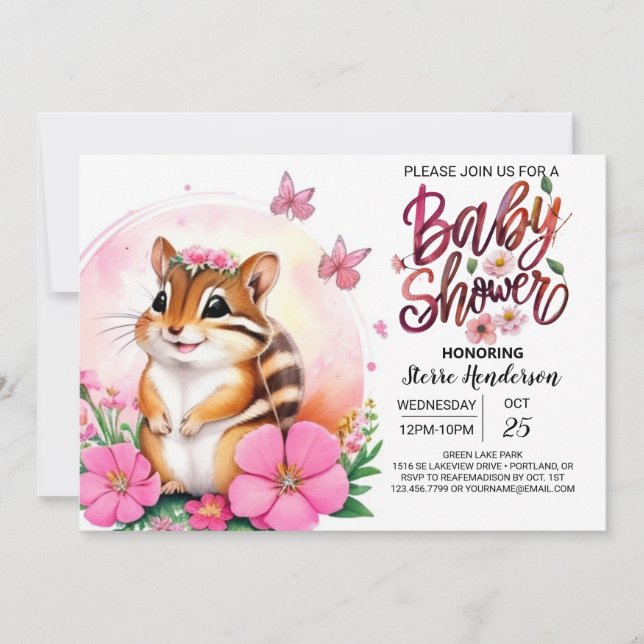 Pink Chipmunk Bliss Whimsical Girl Baby Shower Invitation (Front)