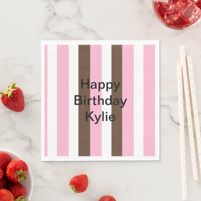 Pink, Chocolate and White Stripes Birthday Napkin (Insitu)