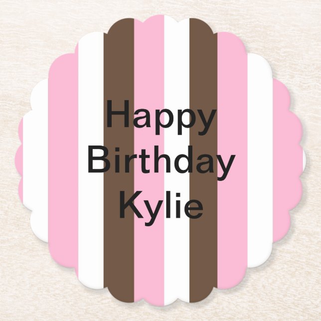 Pink, Chocolate and White Stripes Birthday Paper Coaster (Front)