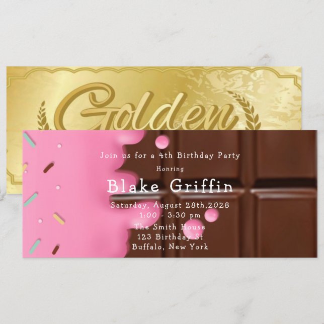 Pink Chocolate Bar Golden Ticket Birthday Invitation (Front/Back)