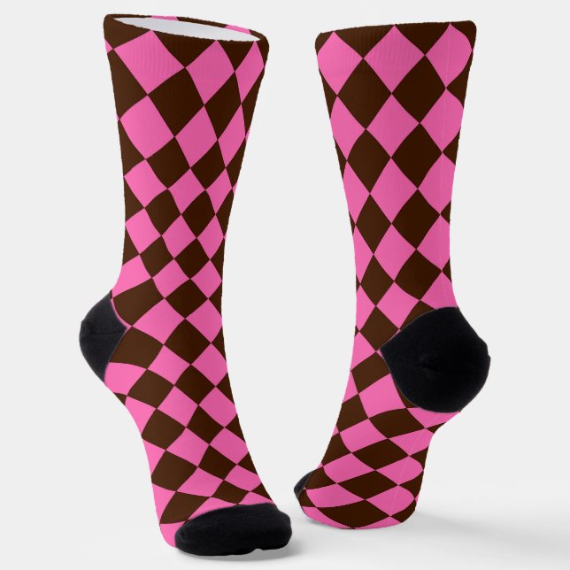 Pink Chocolate Brown Chequered Diamond Pattern Socks (Angled)