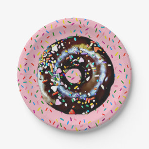 Pink Chocolate Doughnut with Sprinkles  Paper Paper Plate