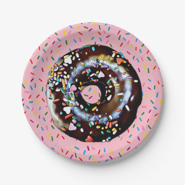 Pink Chocolate Doughnut with Sprinkles  Paper Plat Plate (Front)