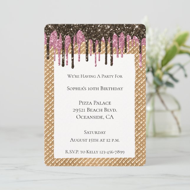 Pink Chocolate Ice Cream Cone Glitter Drips Invitation (Standing Front)