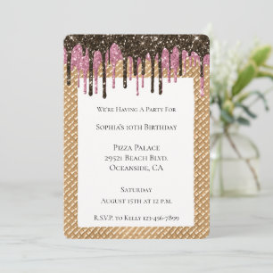 Pink Chocolate Ice Cream Cone Glitter Drips Invitation