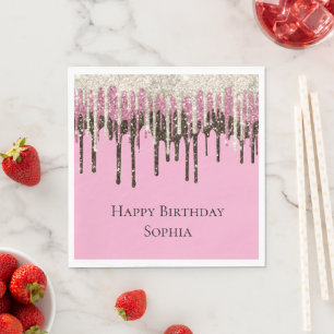 Pink Chocolate Ice Cream Glitter Drips Birthday Napkin