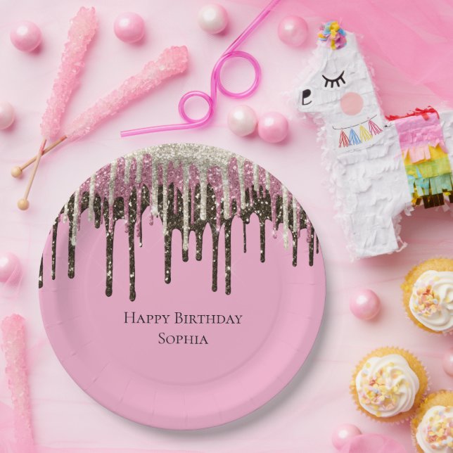 Pink Chocolate Ice Cream Glitter Drips Birthday Paper Plate (Party)