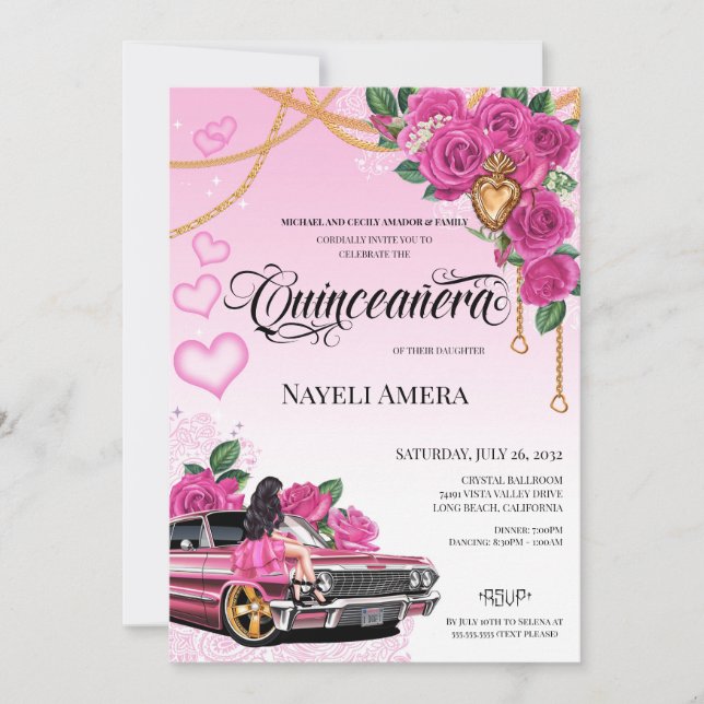 Pink Chola Lowrider Chicana Quinceanera Invitation (Front)