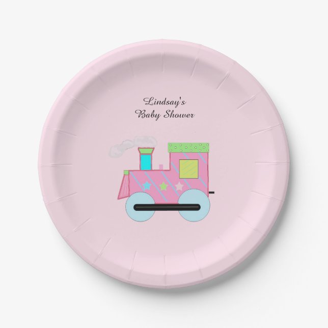 Pink Choo Choo Train Baby Shower Paper Plate (Front)