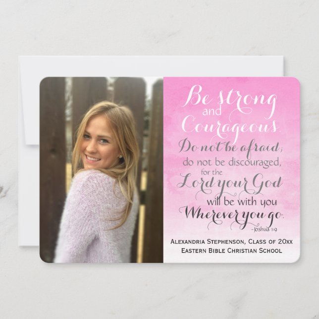 Pink Christian Bible Verse Custom Photo Graduation Announcement (Front)