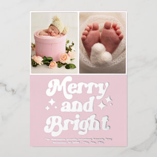 Pink Christmas 3 Photo Snowflake First Christmas Foil Holiday Card