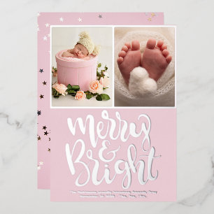 Pink Christmas 3 Photo Snowflake First Christmas Foil Holiday Card