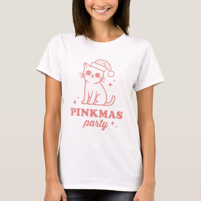 Pink Christmas aesthetic pinkmas party funny cat T-Shirt (Front)