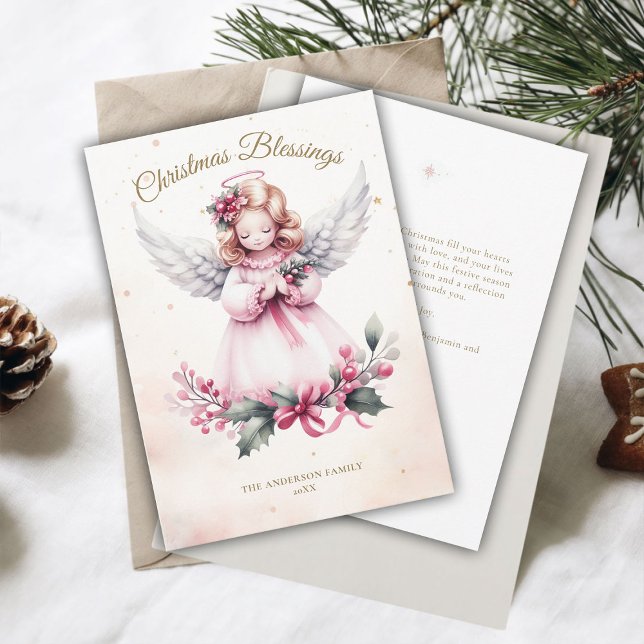 Pink Christmas Angel Sweet Child Blessings Family Holiday Card (christmas blessings personalized family card child angel watercolor pink white gold)