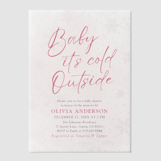 Pink Christmas Baby It's Cold Outside Baby Shower Vellum Invitations (Front)