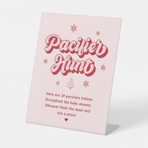 Pink Christmas Baby Shower Pacifier Hunt Game Pedestal Sign