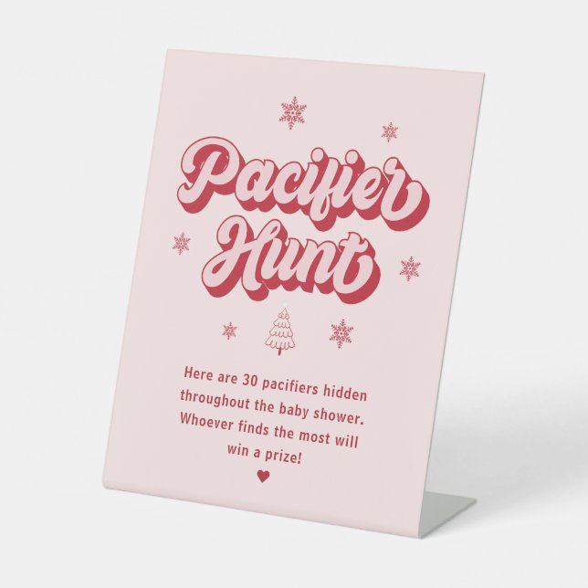Pink Christmas Baby Shower Pacifier Hunt Game Pedestal Sign (Front)