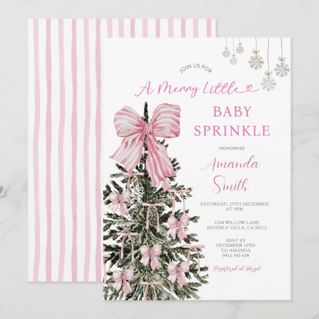 Pink Christmas Baby Sprinkle Stripes Invitation (Front/Back)