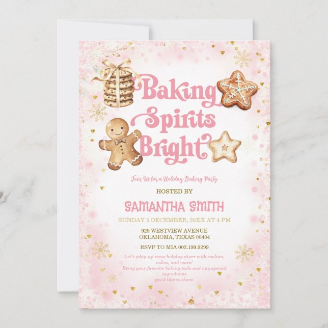 Pink Christmas Baking Spirits Bright Baking Party Invitation (Front)