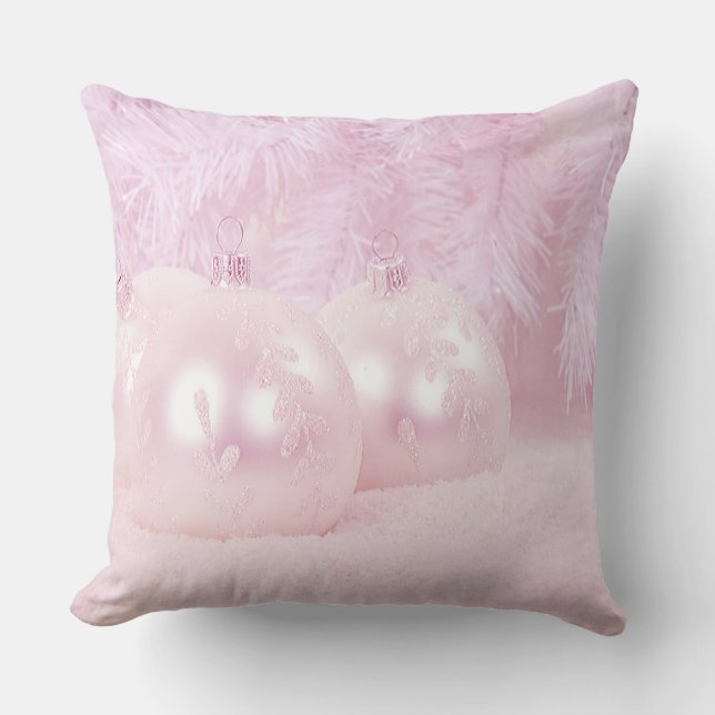 Pink Christmas Balls on Snow & Pink Background Cushion (Front)