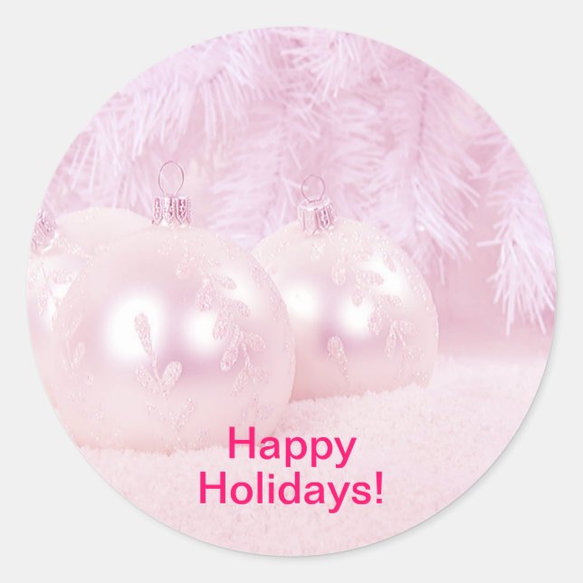 Pink Christmas Balls on Snow with Pink Background Classic Round Sticker (Front)