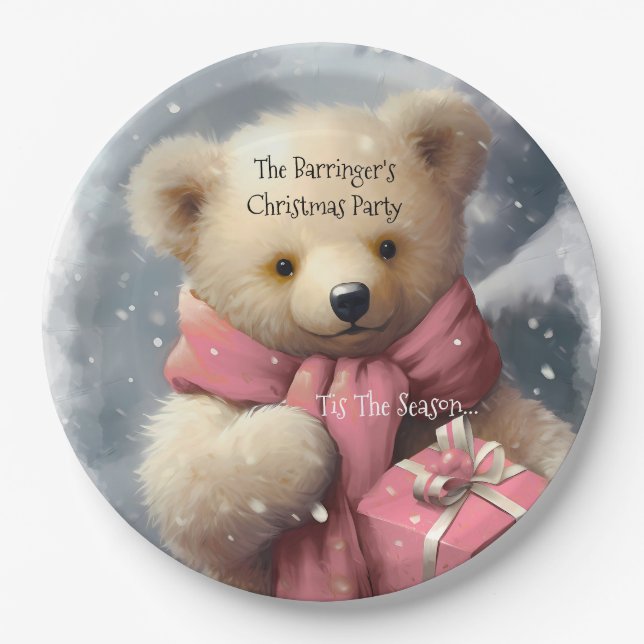 Pink Christmas Bear Annual Party  Paper Plate (Front)
