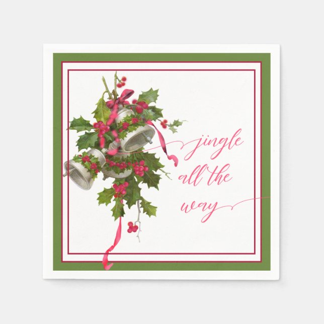 Pink Christmas Bells and Holly Paper Napkin (Front)