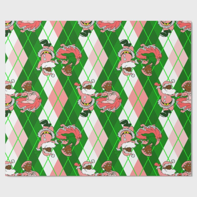 pink christmas black santa wife plaid  wrapping paper (Flat)