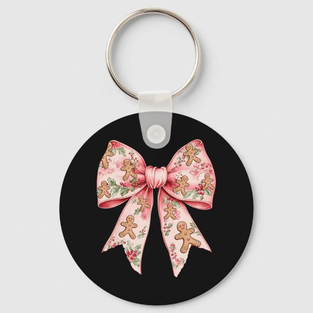Pink Christmas Bow Coquette Xmas Gingerbread Women Key Ring (Front)