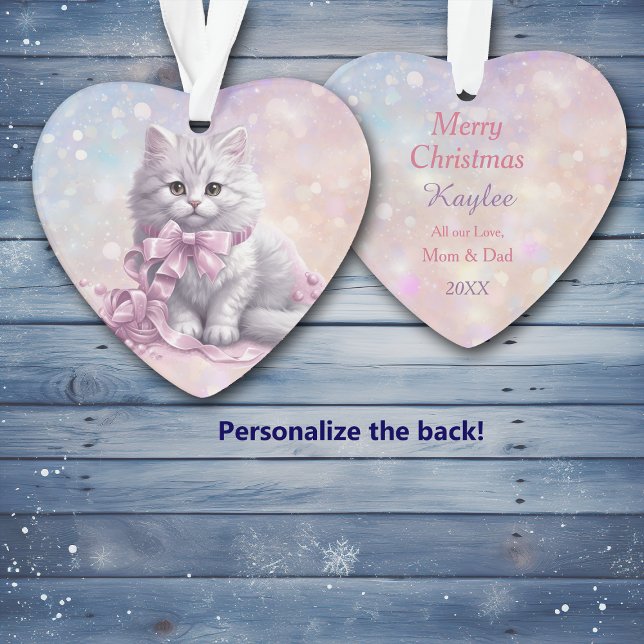Pink Christmas Bow White Kitten Kids Ornament (Creator Uploaded)