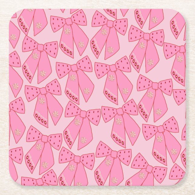 Pink Christmas Bows Square Paper Coaster (Front)