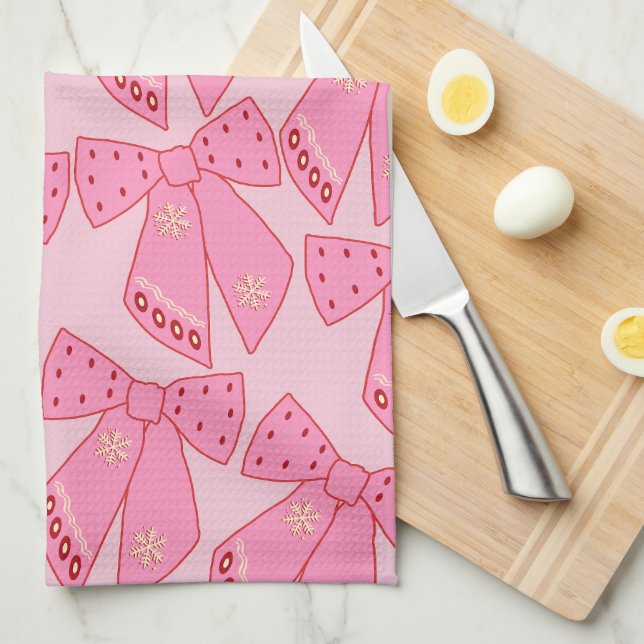 Pink Christmas Bows Tea Towel (Quarter Fold)
