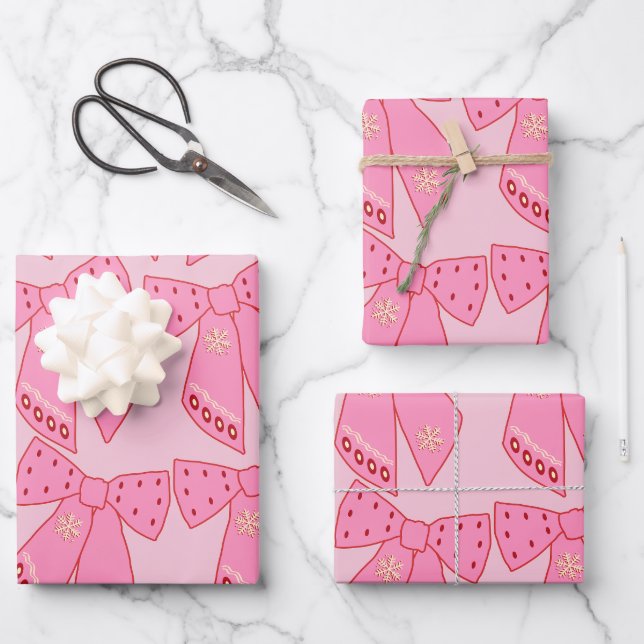 Pink Christmas Bows Wrapping Paper Sheet (Front)