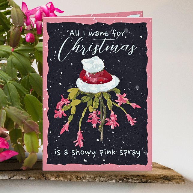 Pink Christmas Cactus Snowy Plant Lovers Gardener Holiday Card (Creator Uploaded)