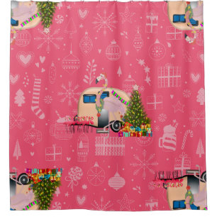 pink christmas camper trailer flamingo santa shower curtain