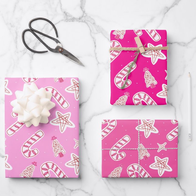 Pink Christmas- Candy Canes, Stars & Trees Pattern Wrapping Paper Sheet (Front)