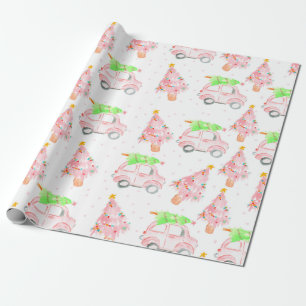 Pink christmas car holiday wrapping paper