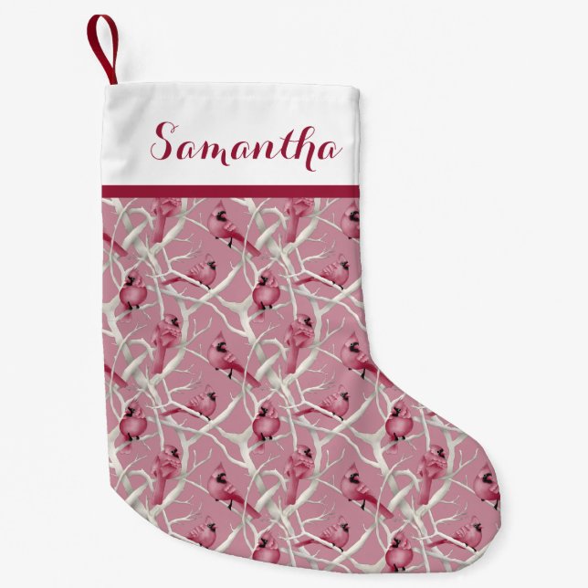 Pink Christmas Cardinal Birds Personalised Name Small Christmas Stocking (Front)